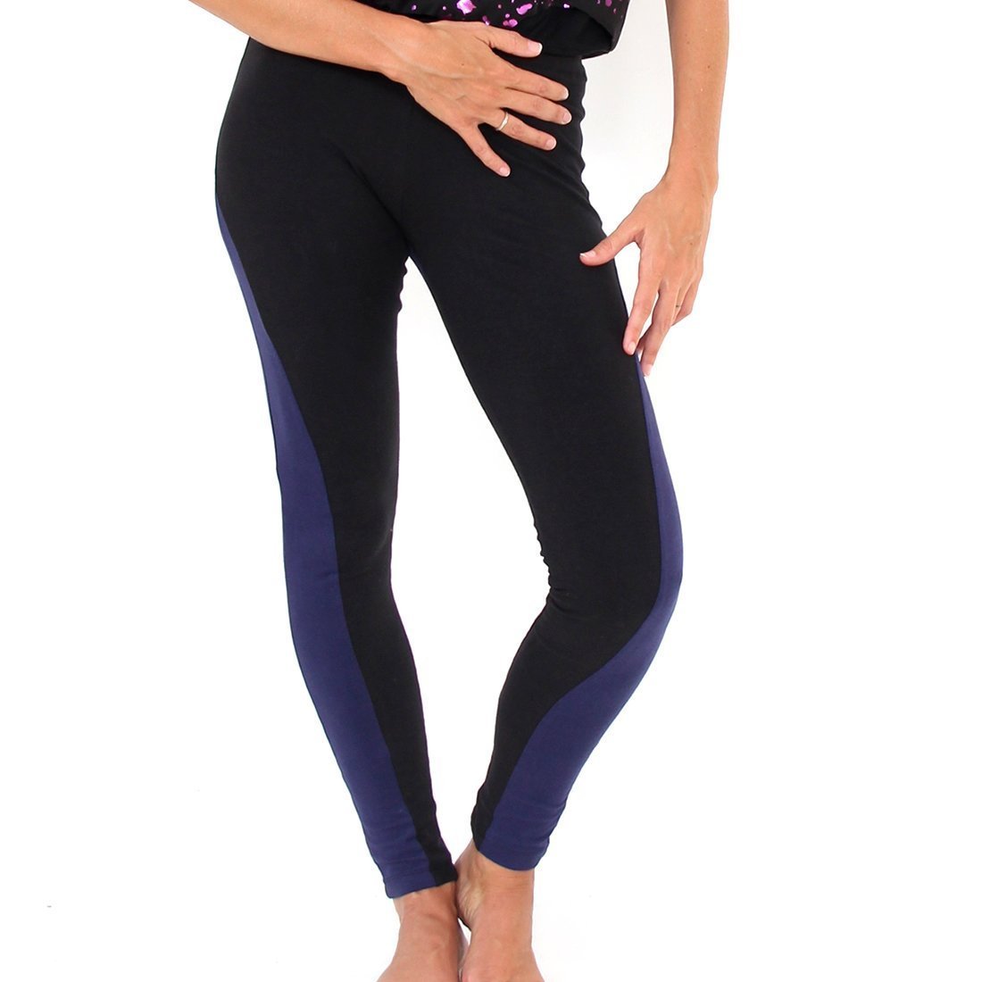 Prancing Leopard Organic cotton yoga, workout, Pilates Leggings - Black with Navy Stripe - front